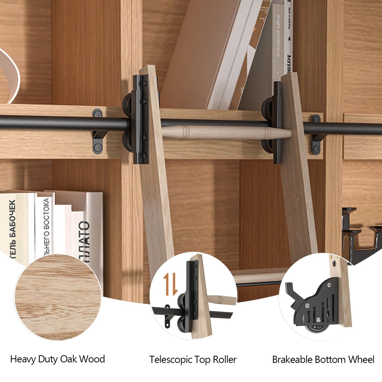 LKCBITION 95inch Oak Wood Ladder with 4ft Black Telescopic Roller Hardware on Sliding Library Ladder, Bottom Wheel with Brakes(Installation Height 89-3/4")
