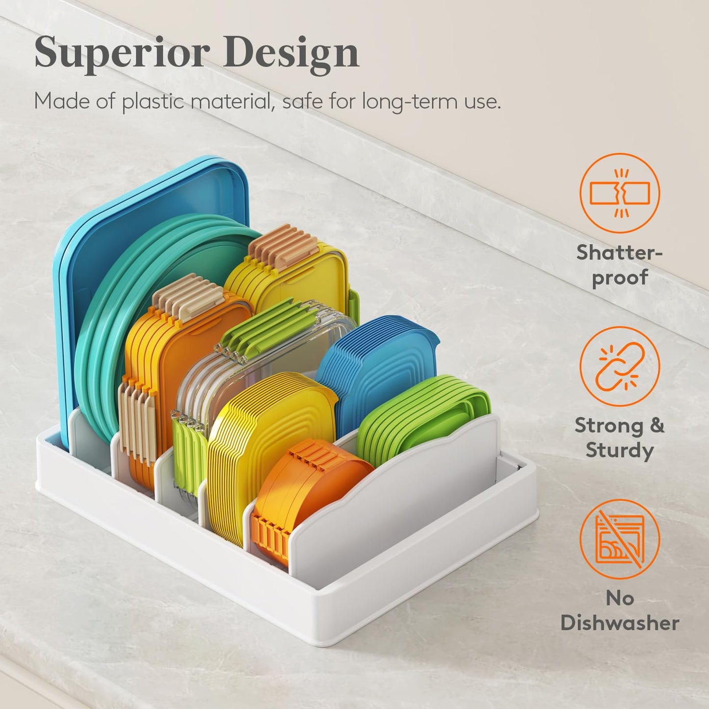 Lifewit Kitchen Cabinet Organizer for Food Contanier Lid, Lid Holder with 6 Adjustable Dividers & 7 Sections for Pantry Organizers and Storage, Home Drawer Organization, Large, 13" x 10"