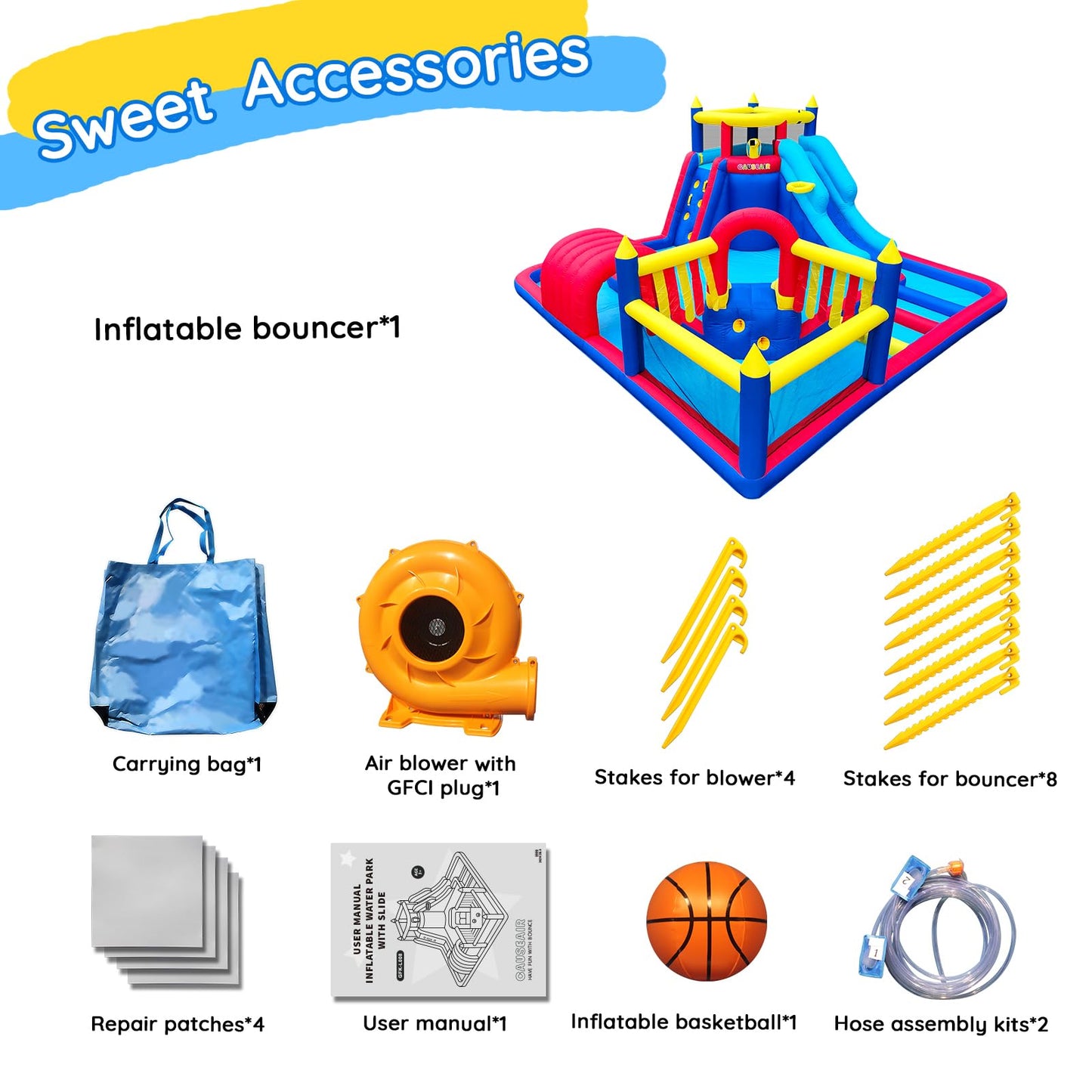 Inflatable Water Slide Park for Party Fun,15x15FT,Big Splash Pool,Long&Short Slides,Fun Crawl Tunnel,Basketball Hoop,GFCI Blower,Bounce Castle for Kids