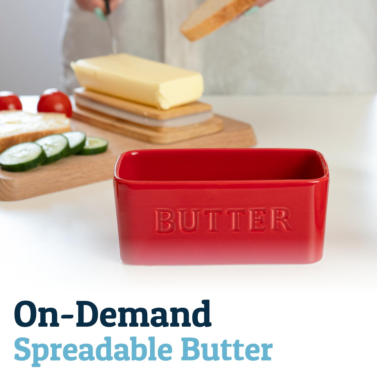 PriorityChef Extra Large Butter Dish with Lid for Countertop, Ceramic Butter Container With Airtight Cover, Butter Keeper for Counter or Fridge, Butter Holder Storage, Red