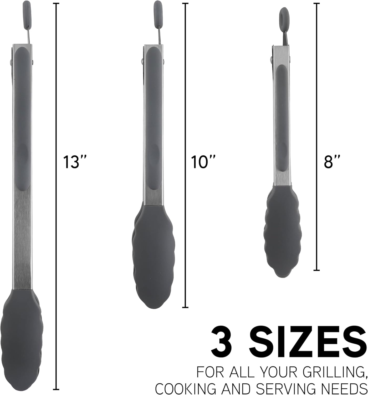 COOK WITH COLOR Stainless Steel Silicone Tipped Kitchen & BBQ Tongs Set, 3 Piece Tongs in Black