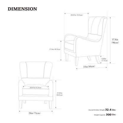 KEIKI PU High Back Accent Chair Oversized, Retro Wingback Reading Armchair with Solid Wood Legs, Mid-Century Comfy Arm Chair Lounge, Upholstered Single Sofa for Living Room, Easy Assembly, Brown