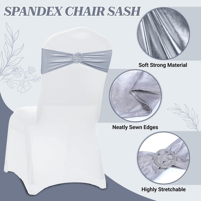 MDS Spandex Foil Chair Sashes - Universal Fit Elastic Stretch Bands with Buckle for Weddings | Metallic Silver (Pack of 10)