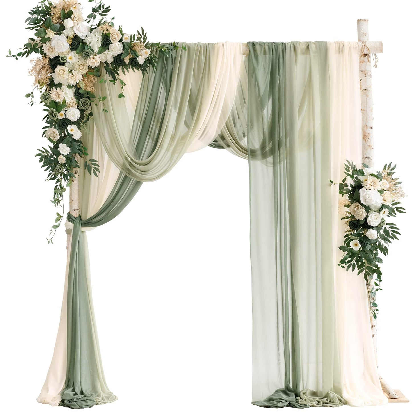 Ling's moment Wedding Arch Flowers with Sheer Drapes Kit - Artificial Spring Green Rose Floral Arrangements for Ceremony Backdrop, Arbor Decor, 5-Piece Set (2 Flower Stems + 3 Hanging Drapes)