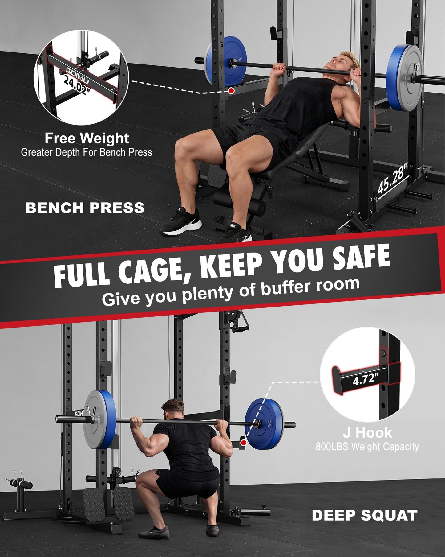 GOIMU RH01 Power Cage Rack, 2000LBS Squat Rack with with Cable Crossover System&LAT Pull Down System, Multi-Function Workout Cage for Home&Garage Gym (Black, RH01 Power Cage with 290LB C Weights)