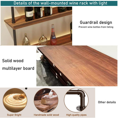 Dawselod Wall-Mounted Wine Rack with LED Lights 4-Tier Wooden Floating Bar Shelves Creative Large Wine Bottle Display Rack Hanging Shelf, for Home Bar Kitchen,Living Room (Wood, 180cm/71in)
