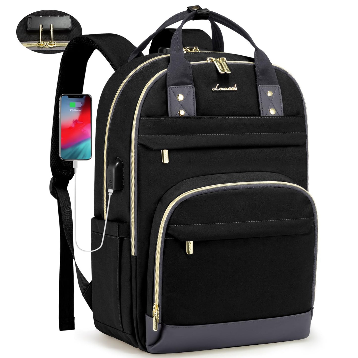 LOVEVOOK Laptop Backpack for Women, Unisex Travel Anti-theft Bag, Business Work Computer Backpacks Purse for Men, Casual Hiking Daypack with Lock, 15.6 Inch, Black-Grey