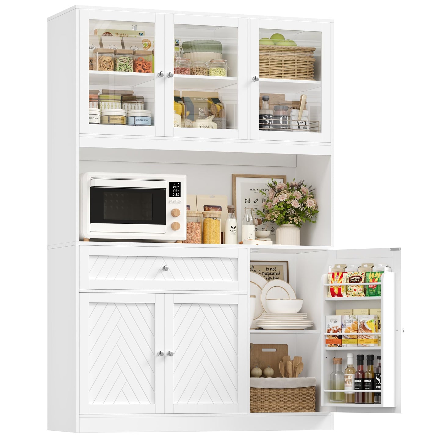 BOTLOG 72” Tall Kitchen Pantry Storage Cabinet, Modern White Kitchen Hutch with Large Storage Drawer, Countertop, Adjustable Shelves, Food Pantry Cabinets for Dining Room, Living Room