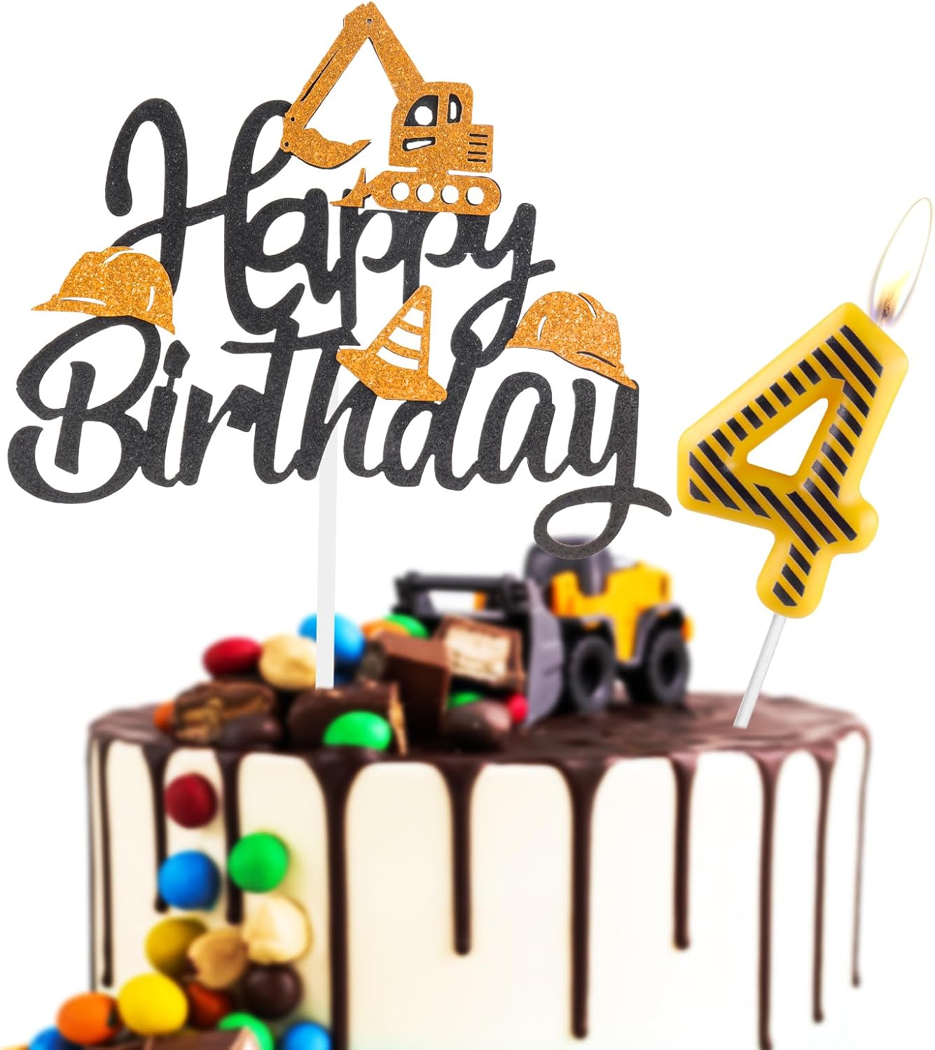 FUNCANDLE Set,Yellow 4 4th Construction Themed Birthday Candles White Stripes Number Candle with Construction Cake