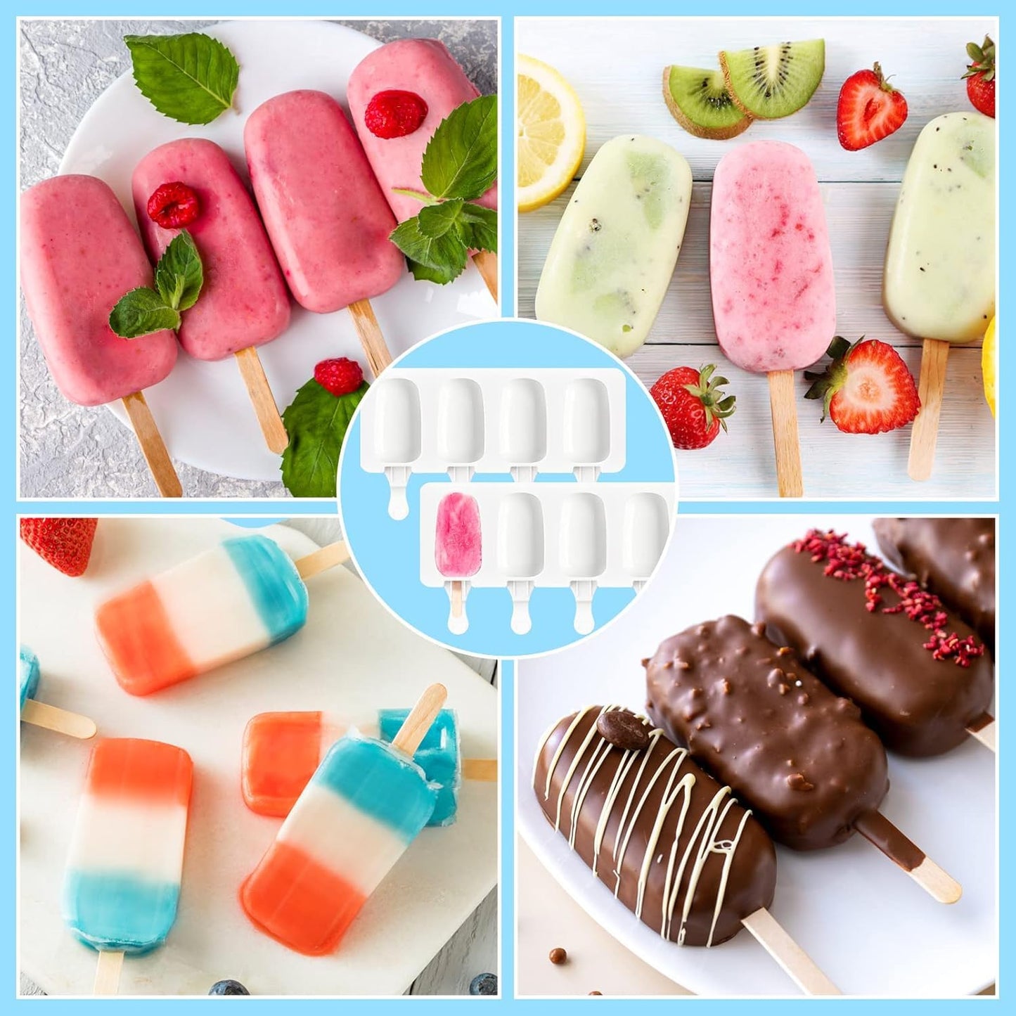 3 Set Small Silicone Popsicle Molds Ice Cream Mould 4 Cavity Ice Lolly Mold White Oval Cake Pop Mould with 150 Pieces Wooden Sticks for DIY Cream Popsicle Cake
