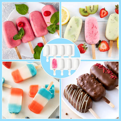 3 Set Small Silicone Popsicle Molds Ice Cream Mould 4 Cavity Ice Lolly Mold White Oval Cake Pop Mould with 150 Pieces Wooden Sticks for DIY Cream Popsicle Cake