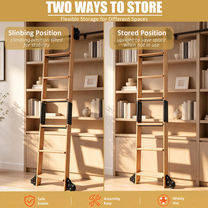 Leinuosen 86 Inch Rolling Library Ladder with 4FT Track Kit, Solid Oak Wood Ladder with Braking Wheels, Sliding Kit for Home, Bookshelf, Loft(Suitable for Installation Height 80-3/4")