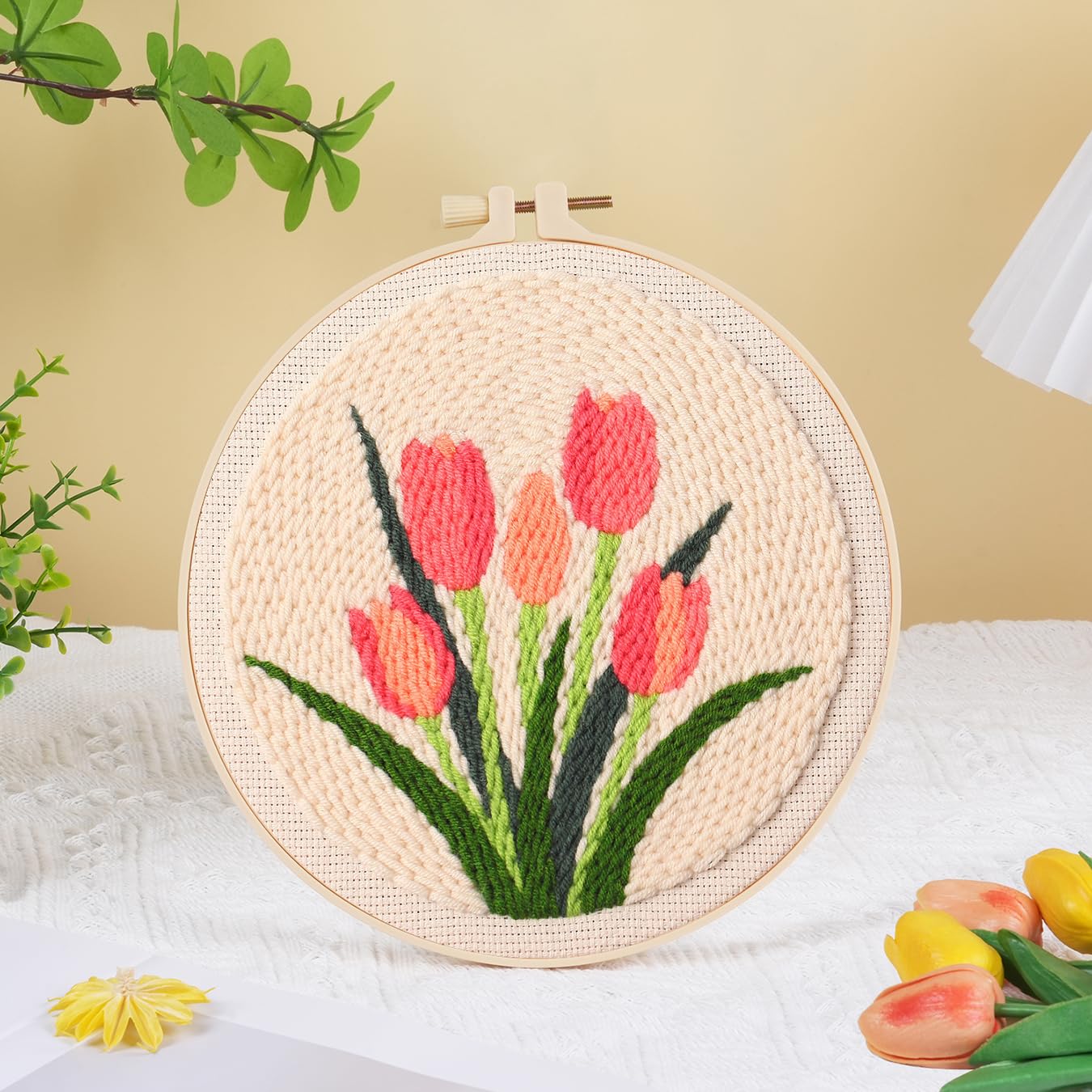 KESTAR Punch Needle Embroidery Starter Kits, Pink Tulip Flower Punch Needle Kits for Adults Beginner, Needle Punch Kit Tool with Instruction Threader Fabric Yarns and Hoop