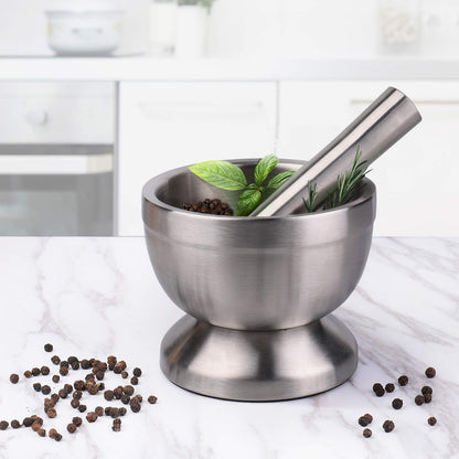 Flexzion Brushed Stainless Steel Mortar and Pestle, 4-Inch Muddler and Bowl for Spice and Herbs