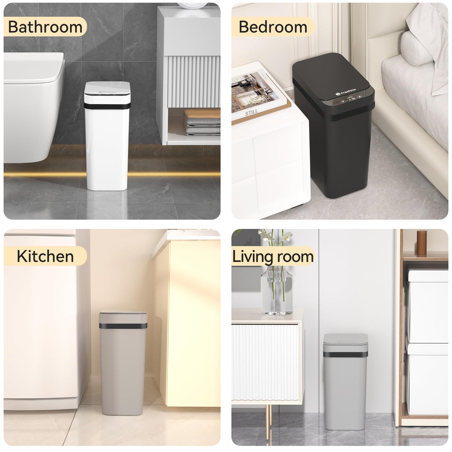 FRESHLIX 3 Pack Bathroom Trash Can 2.6 Gallon Small Touchless Automatic Motion Sensor Trash Cans Slim Waterproof Garbage Bin with Lid for Kitchen, Office, Bedroom Black White Grey
