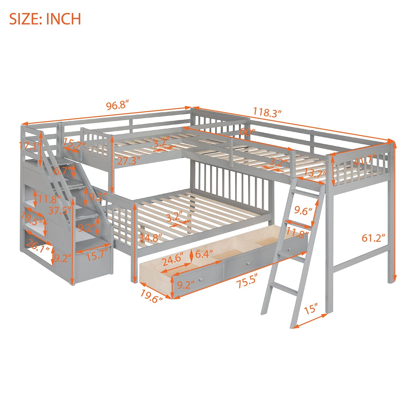 Merax Bunk Bed with a Loft Attached, Triple Bedframe with Drawers, Guardrails and Ladders, Gray Platform, L-Shaped Twin Over Full