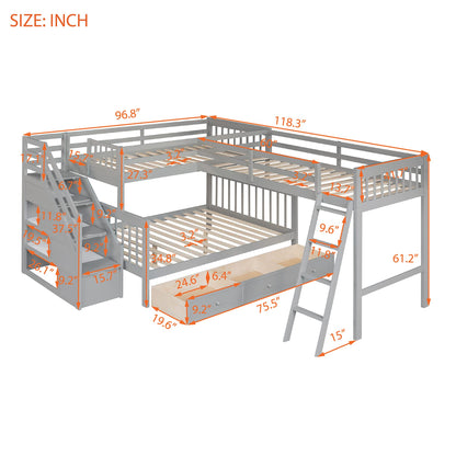 Merax Bunk Bed with a Loft Attached, Triple Bedframe with Drawers, Guardrails and Ladders, Gray Platform, L-Shaped Twin Over Full