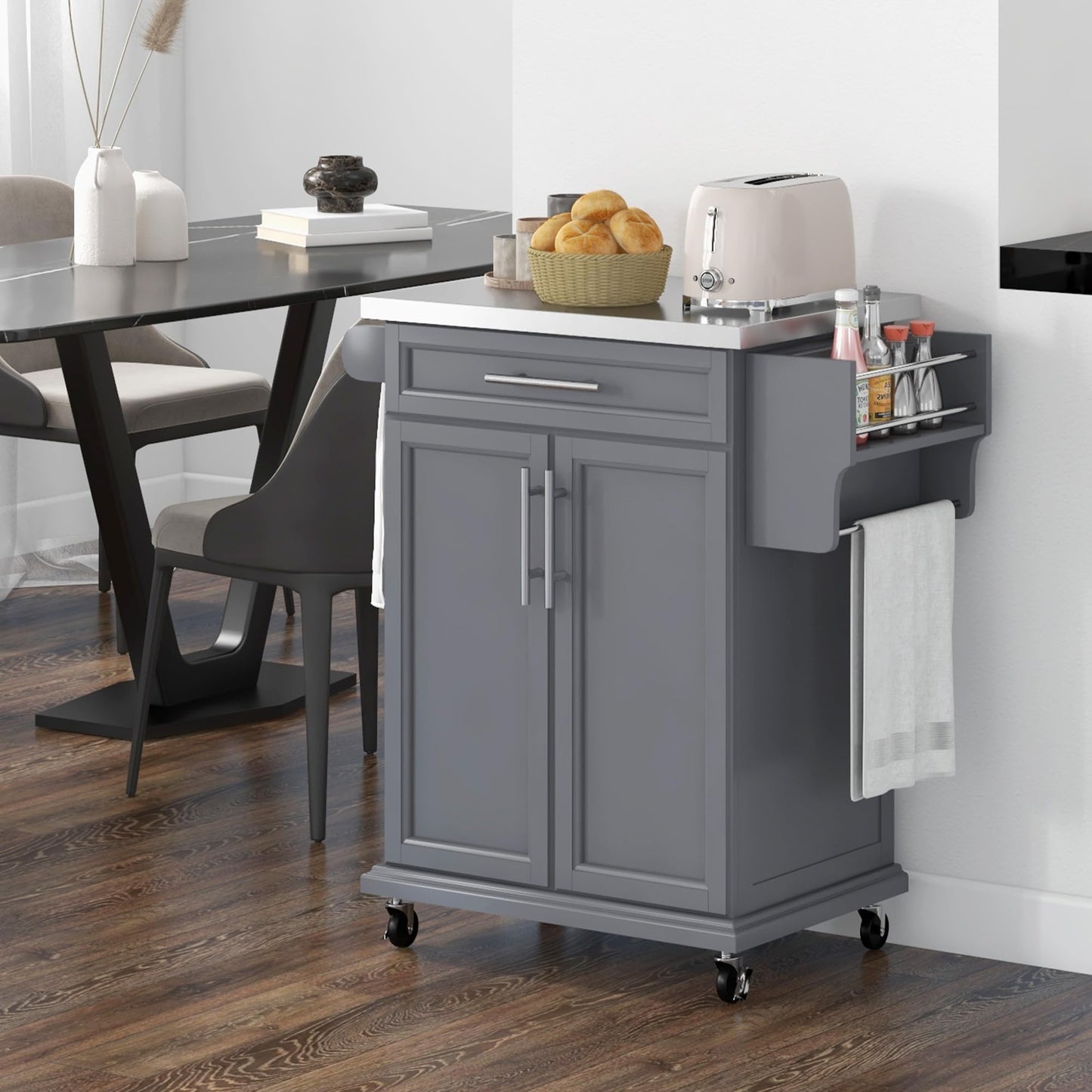 GOWE Kitchen Island on Wheels, Rolling Kitchen Cart with Stainless Steel Countertop, Drawer, Towel Rack and Spice Rack, Utility Storage Trolley, Gray