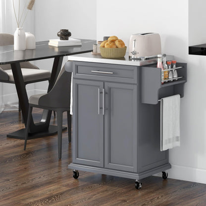 GOWE Kitchen Island on Wheels, Rolling Kitchen Cart with Stainless Steel Countertop, Drawer, Towel Rack and Spice Rack, Utility Storage Trolley, Gray