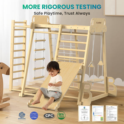 BlueWood Upgraded Indoor Jungle Gym 9-in-1 Playground Kids Climbing Toys, Waldorf Style Wooden Climber Playset with Slide, Swing, Monkey Bars, Upright/Rope Ladder, Climb Net, Natural Wood Color