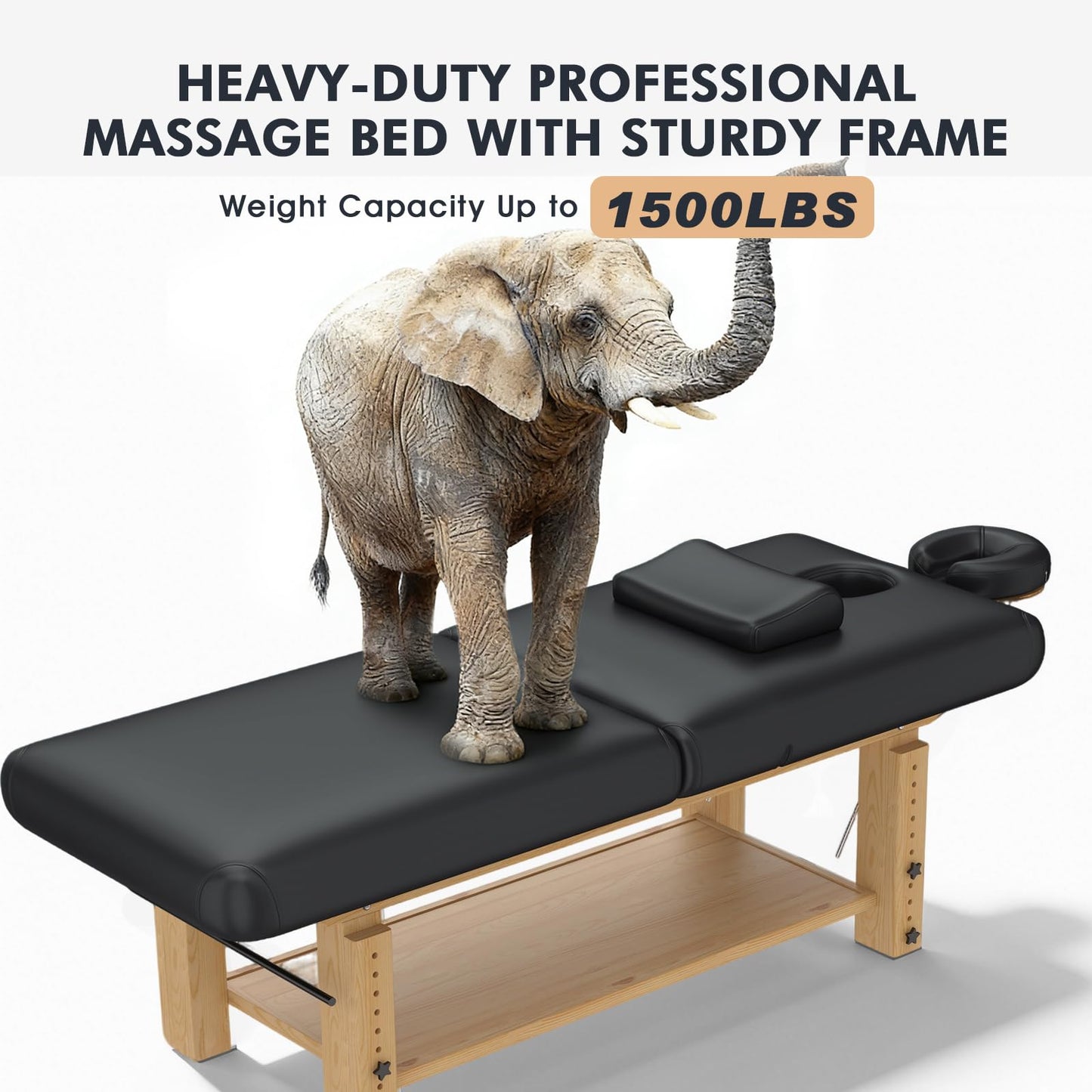 Heavy Duty Massage Table, Wooden Stationary Spa Bed with Adjustable Height & Backrest, PU Leather Professional Physical Therapy Facial Table with Face Pillow, Storage Shelf,1500 LBS Capacity