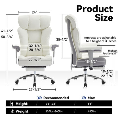 Efomao Big and Tall Office Chair with Footrest, 450lbs High Back Executive Chair with Spring Cushion, PU Leather Upholstery, Padded Armrests, Swivel Base, and Rolling Wheels – White Computer Chair