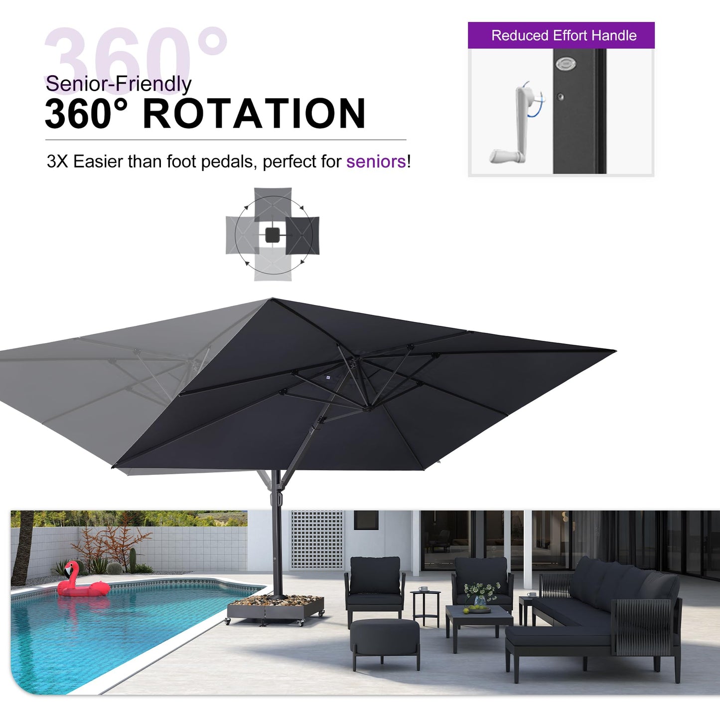 PURPLE LEAF 11' X 15' Rectangle Patio Umbrella Large Outdoor Aluminum Offset Umbrella with 360-degree Rotation Cantilever Umbrella for Garden Deck Backyard Pool Grey