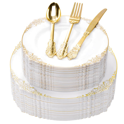 Goodluck 250 PCS Vintage White & Gold Rim Plastic Plates with Cutlery Set - Serves 50 - Heavy Duty Elegant Disposable Dinnerware for Formal Wedding, Catering, Upscale Party