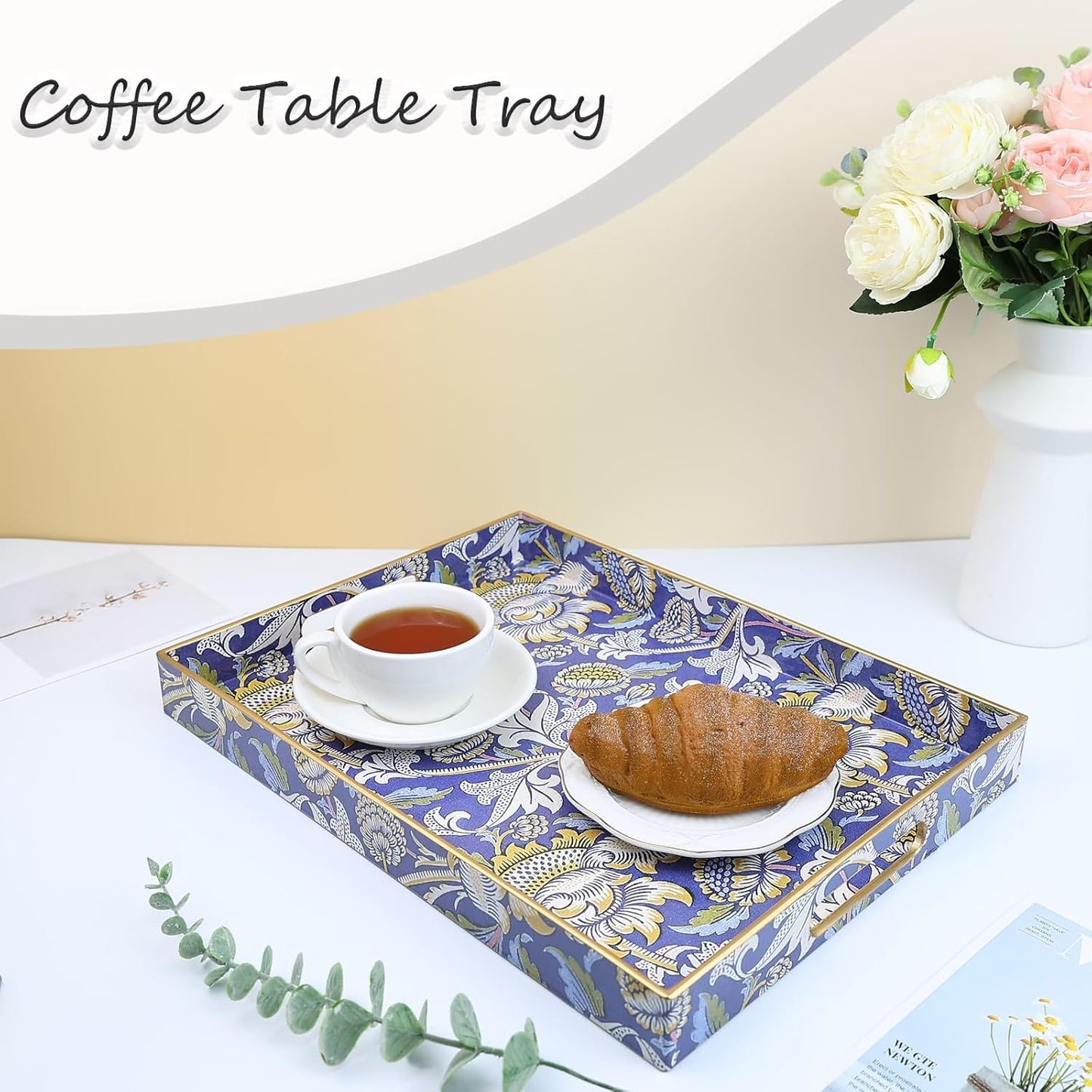 12"*16"*1.6", Rectangle Plastic Serving Tray with Handles, Elegant Decorative Tray for Coffee Table, Ottoman, Living