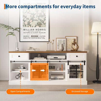 Garvee Farmhouse TV Stand for 80" TVs, Media Console Table with 2 Drawers, Power Outlets, Led Light, Barn Doors, Entertainment Center with Adjustable Shelves for Home Office, 66" w, White+Brown Top