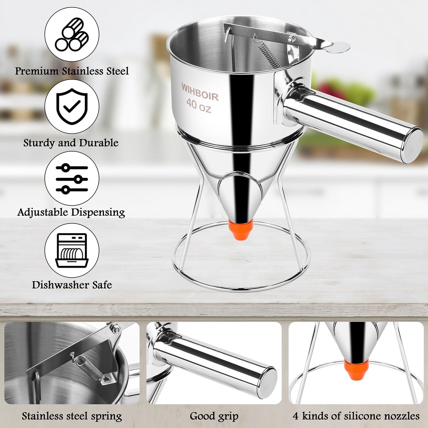 WIHBOIR Stainless Steel Pancake Batter Dispenser with Squeeze Handle and Multi-Nozzle, for Pancakes, Cupcakes, and Baked Goods. 40 oz