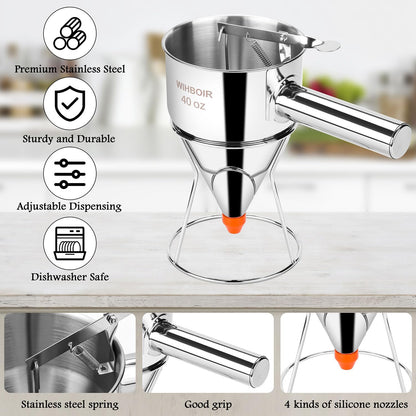 WIHBOIR Stainless Steel Pancake Batter Dispenser with Squeeze Handle and Multi-Nozzle, for Pancakes, Cupcakes, and Baked Goods. 40 oz