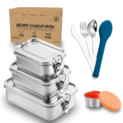 5 in 1 | Stainless Steel Bento Box & Silicone Case Cutlery Set & Salad Dressing Container – 3PCS Nesting Metal Lunch Box 19oz - 41oz - 81oz for Travel, Office – Food Storage Lunchbox for Adults