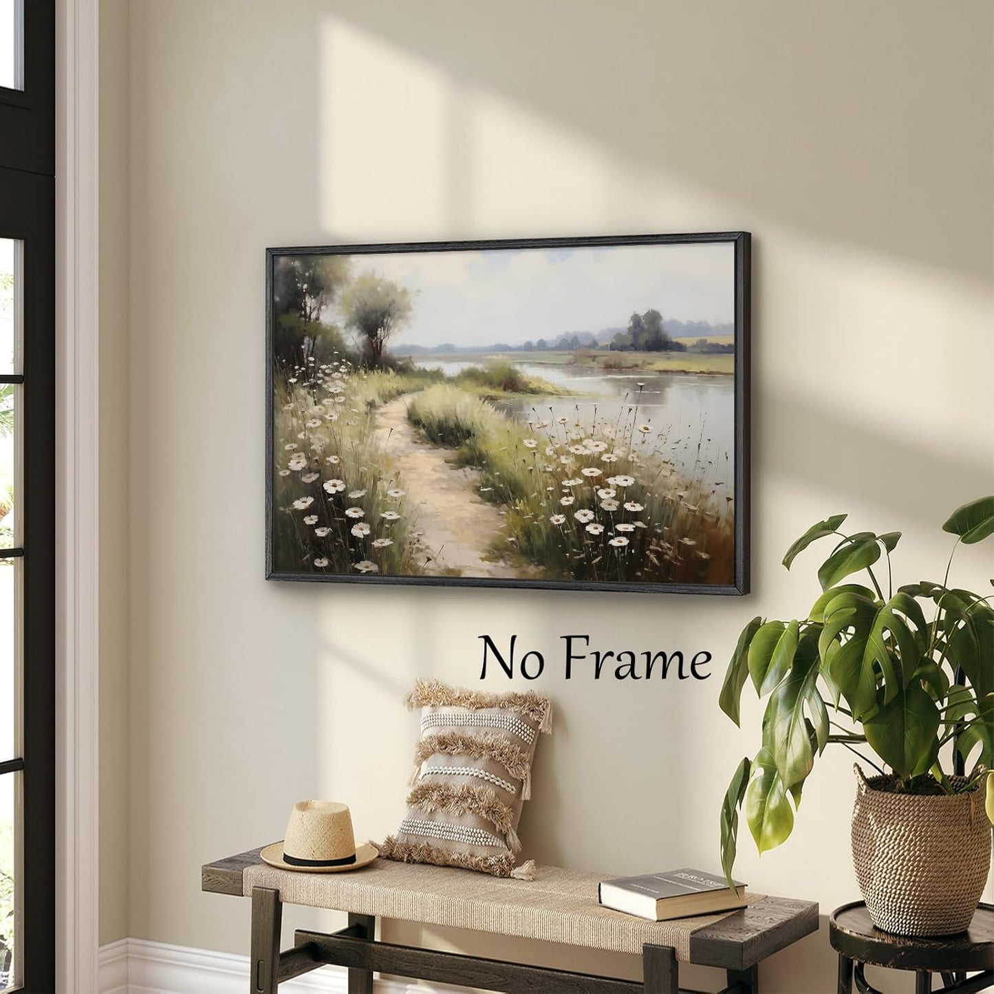 Wildflower Field Landscape Picture, Vintage Canvas River Painting, Country Scene Artwork, 16x24inch No Frame