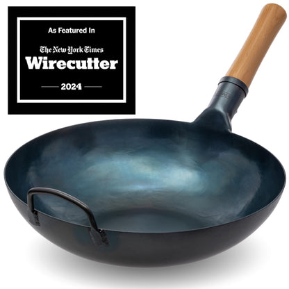 YOSUKATA Flat Bottom Wok Pan - 13.5" Blue Carbon Steel Wok With Lid 12.8 Inch - Premium Stainless Pan Cover with Tempered Glass Insert Steam Holes and Ergonomic Handle