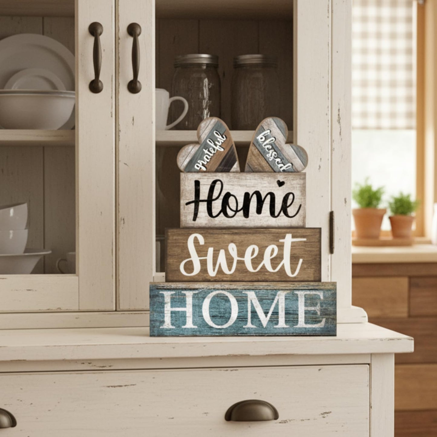 CroBlissful 4 Pcs Farmhouse Wooden Tabletop Decor Sweet Home Tiered Tray Decor Rustic Heart Shaped Centerpiece Farmhouse Block Sign Housewarming Gifts for Home Kitchen Table Shelf Mantel Decoration