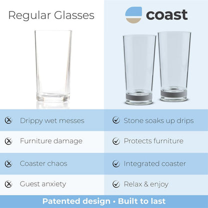 Coast Glassware The Tall – Protect Your Table – Highball Glass with Built-In Stone Coaster – Absorbent Cocktail & Water Tumblers, Set of 4, 16 oz