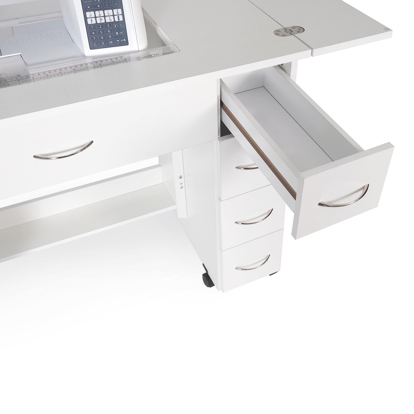 Arrow Classic Sewing Furniture Alice Compact Mid-Size Sewing Cabinet with Hydraulic Machine Lift, Drawers, Expandable Leaves, Locking Wheels - Ash White