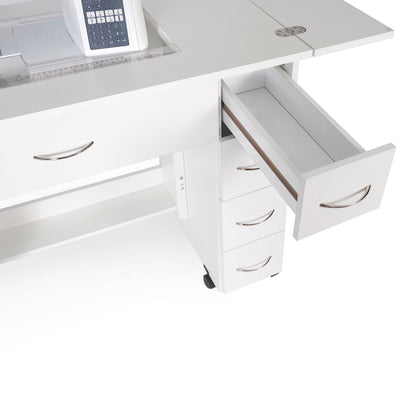 Arrow Classic Sewing Furniture Alice Compact Mid-Size Sewing Cabinet with Hydraulic Machine Lift, Drawers, Expandable Leaves, Locking Wheels - Ash White