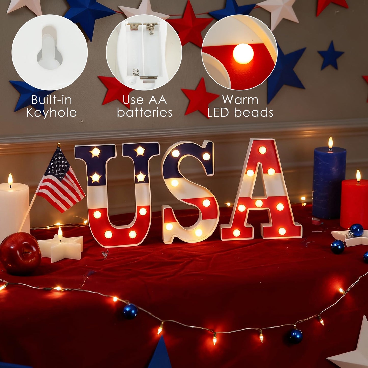 NWLIGHT Light Up letters 4th of July Marquee Lights for Independence Day LED Battery Operated Letter Lights Patriotic USA Letters Holiday Table Centerpiece Home Decoration