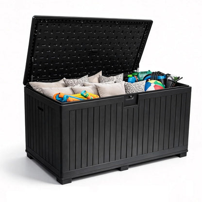 FammyLoft 320 Gallon Deck Box with 6 Waterproof Foot Pads, Resin Storage Box Weatherproof, Plastic Cushion Container with Lock and Lids for Pool Equipment, Black