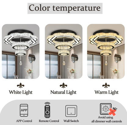 Flashing God Modern Crystal Chandeliers Dia 24" Black Chandelier Flush Mount Ceiling Light for Bedroom Living Room Dining Room Hallway Dimmable 3 Rings LED Celing Lighting Fixtures