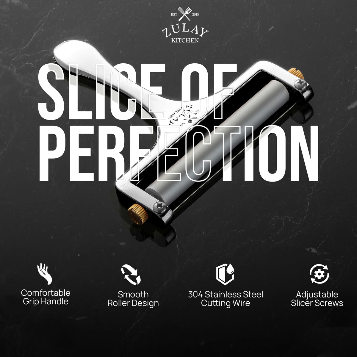 Zulay Kitchen Stainless Steel Wire Cheese Slicer - Adjustable Hand Held Cheese Cutter with 2 Extra Wires - Premium Cheese Shaver for Mozzarella, Cheddar, Gruyere - Cheese Cutter with Wire (Silver)