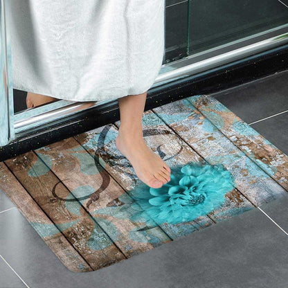 Farmhouse Floral Flower Bath Mat, Teal Dahlia Rustic Wooden Plank Country Barn Wood Non-Slip Doormat (16X24)