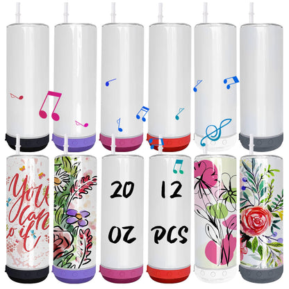 Lilsofee 12 Pack 20 OZ Sublimation Blank Tumblers Bulk Stainless Steels Double Vacuum Bluetooth Speaker Music Insulated Tumbler with Lid and Straw Heat Transfer Cup Multicolor