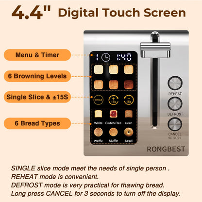 2 Slice Touch Screen Toaster Stainless Steel with Wide Slots, Even Toasting for Bagels & Bread, Defrost & Reheat, Easy Removable Crumb Tray, Matt Black