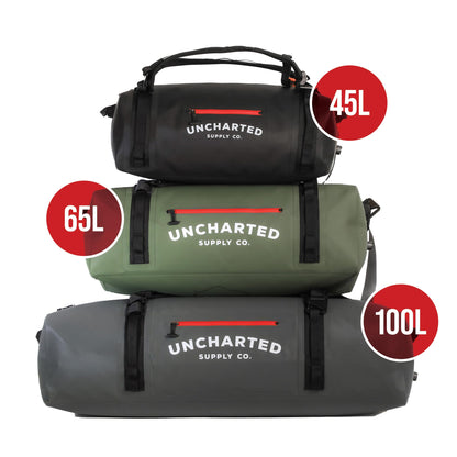 Uncharted Supply Co. The Vault Waterproof Duffel Bag - Airtight bag with Backpack Straps, Carry-On Size, Perfect for travel, boating, camping, recreation. (Black, 100L)