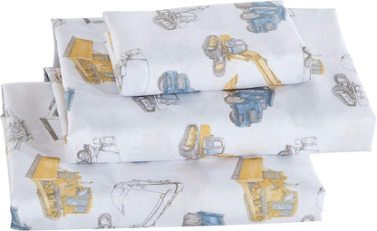 Linen Plus Set Bulldozer Sheet Kids/Teen Excavator Cement Dump Construction Vehicles White Green Yellow Blue New #