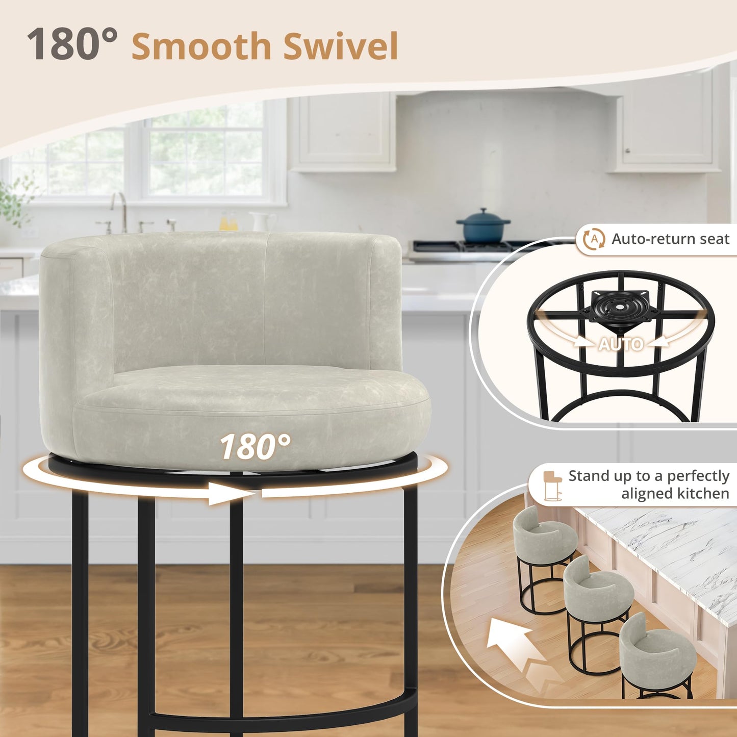 LUE BONA 26.8" Counter Height Bar Stools Set of 3, 180° Swivel Bar Stools, Modern Barrel Counter Stools with Metal Frame, Faux Leather Upholstered Barstools for Kitchen Island, Light Beige Gray