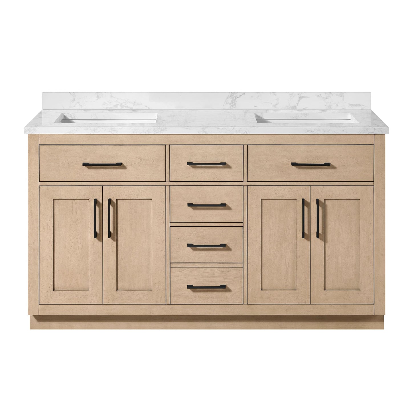 OVE Decors Athea 60 in. Double Sink Freestanding Sahara Birch Bathroom Vanity with White Engineered Marble Top, Matching Backsplash and Power Bar